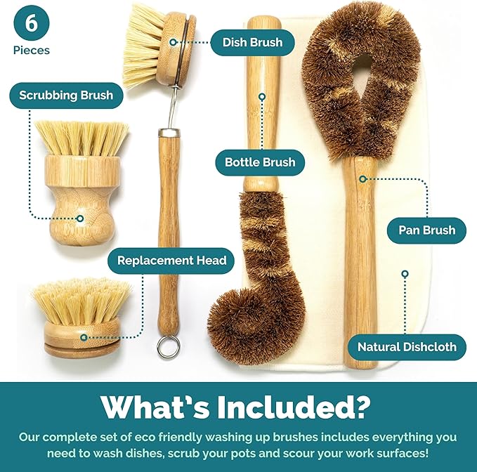 Jungle Culture® 6 Piece Natural Dish Brushes for Washing Up • Eco Dish Brush Kitchen Cleaning Set • Plant Based Coconut Scrubbers • Bottle/Pot Brush & Eco Friendly Scourer Sponge for Pans & Dishes