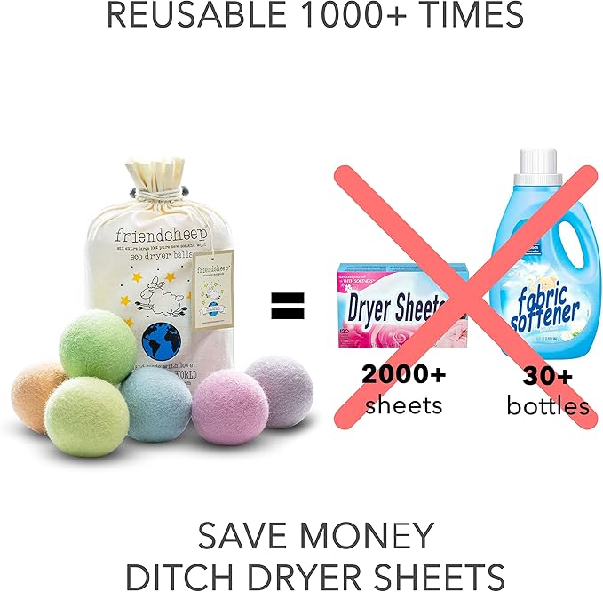Friendsheep Wool Dryer Balls, Organic Reusable Fabric Softener Alternative for Laundry, Handmade, Fair Trade, Hypoallergenic, Eco-Friendly, Plastic-Free (6 Pack XL - Spring Magic)