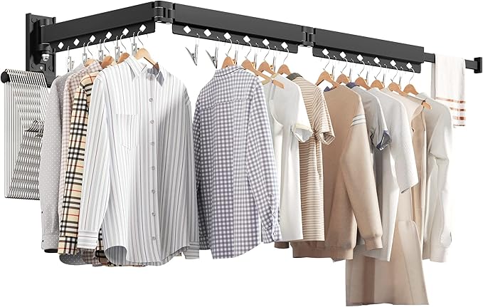 Wall Mounted Clothes Hanger, Aluminum Clothes Drying Rack, Space Saver, Retractable, Windproof Holes, with Clips