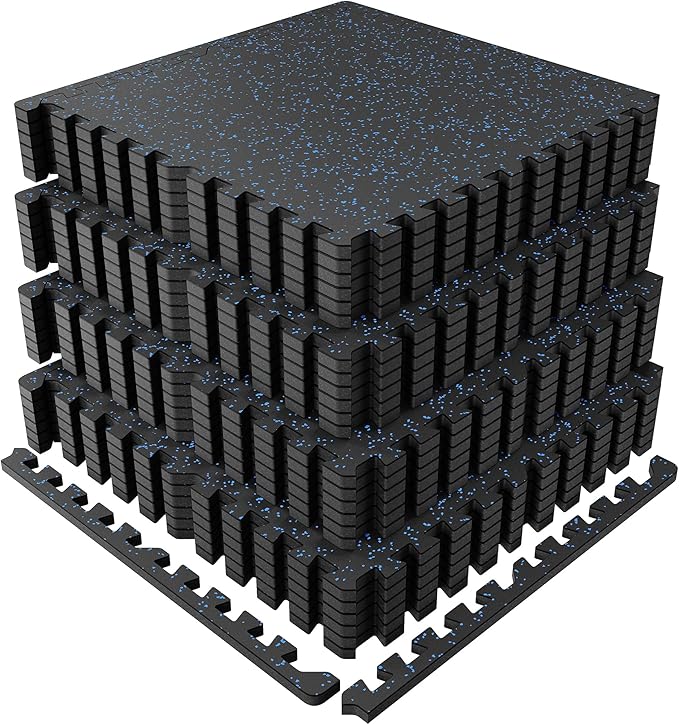 PRAISUN 0.6" Thicker Gym Mat, 24 Tiles 96 Sq Ft Workout Mats, Interlocking Foam Tiles with Rubber Top, High Density EVA Foam, Exercise Mat, Gym Flooring for Home Gym, Garage, 24 x 24in, Black/Blue
