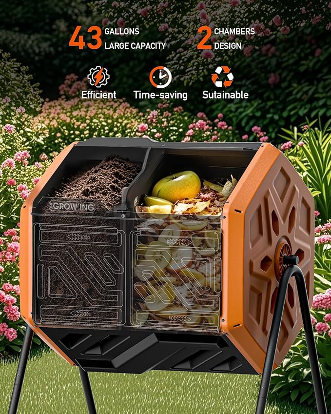 THEGROW'ING Updated 43 Gallon Outdoor Compost Bin. with Thermometer, Fast to Assemble. Tumbling Design, Dual Chambers. Rotating Function, Ideal for Outside, Backyard, Garden, Yard. Orange.