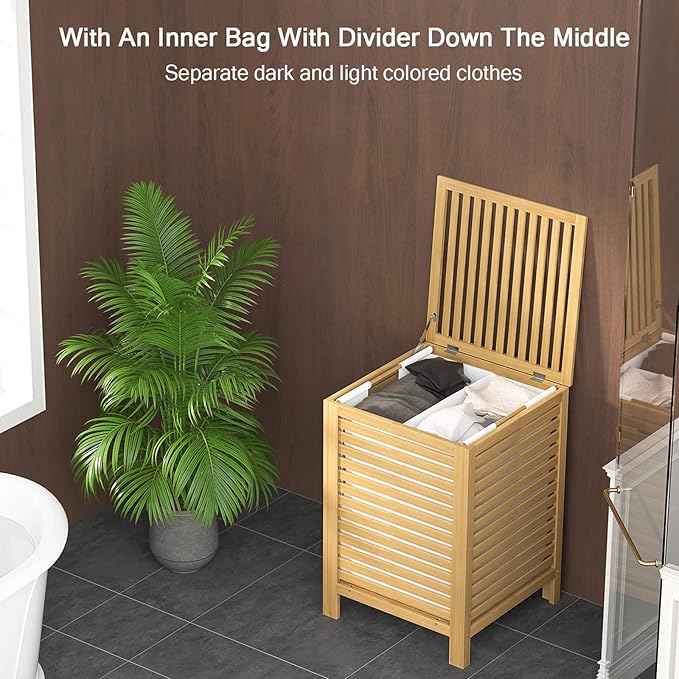 Homykic Bamboo Laundry Hamper with Lid, 120L Large Clothes Laundry Sorter with Removable 2-Section Liner Bag, Raised Laundry Basket Organizer for Clothing, Bathroom, Bedroom, Laundry Room, Natural