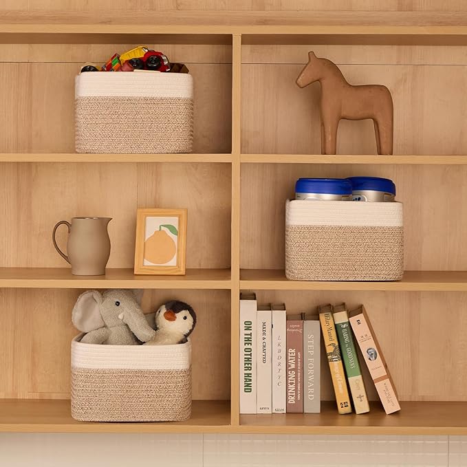 Small Organizing Baskets for Cubes Shelf, 9.7x9.7x7.1 Inch Rope Woven Storage Bins for Nursery Shelves Storage, Cute Toy Basket, Square 3 Packs Off White Brown