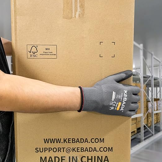 Kebada W1 Work Gloves for Men and Women, PU Coated Safety Gloves with Grip, Touchscreen, Ideal for Warehouse Package Handling, Construction, Gardening, 12 Pairs Gray Large