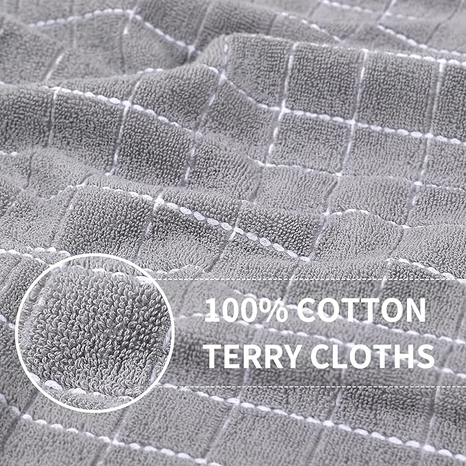 Homaxy 100% Cotton Terry Kitchen Towels(Light Grey, 13 x 28 inches), Checkered Designed, Soft and Super Absorbent Dish Towels, 6 Pack