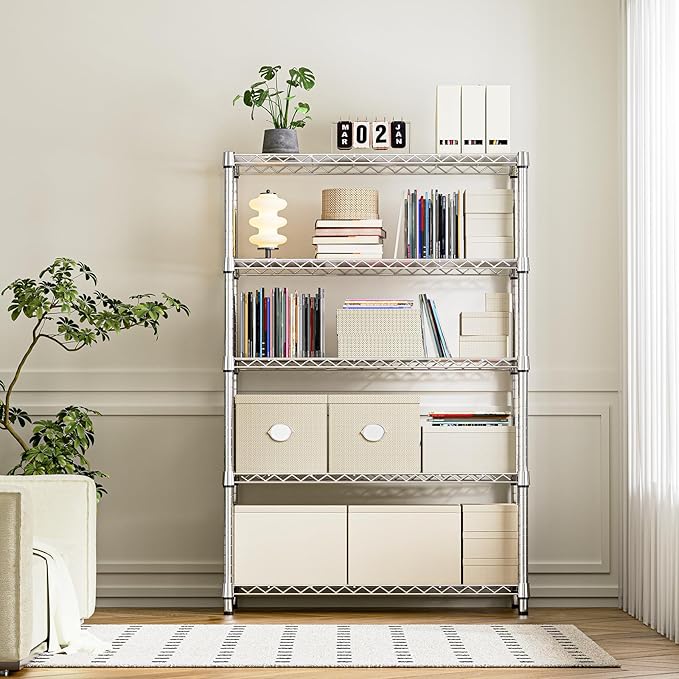 IZEUK 5-Tier Heavy Duty Metal Storage Shelving Unit (Chrome, 17.7" D x 47.2" W x 72.3" H, 1750 lbs Capacity), Adjustable Steel Wire Rack Shelf Organizer for Garage, Kitchen, Pantry, Basement, Laundry