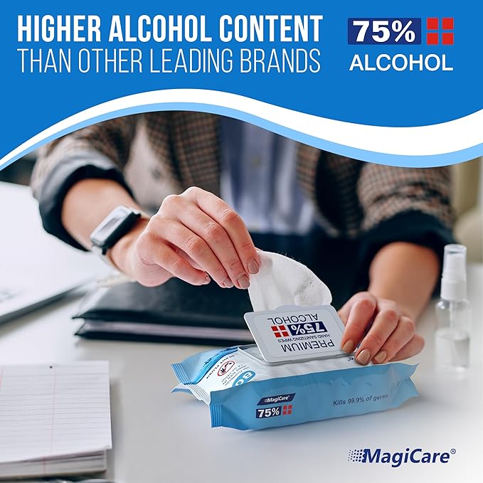 MagiCare 75% Large Alcohol Wipes (4-80ct Packs) - Alcohol Hand Sanitizing Wipes, Premium - Unscented Hand Wipe, Sanitizer Wipe - Travel, Home, Classroom, Camping - 4 Soft Packs (320pcs)