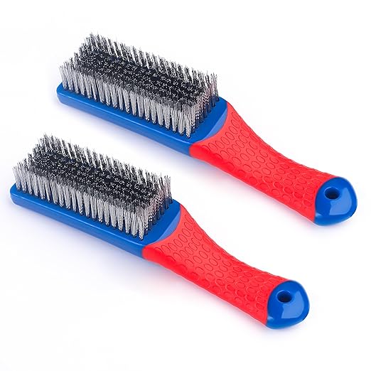 Wire Brushes 2 Pcs Steel Brushes Heavy Duty Carbon Steel and Stainless Steel Wire Scratch Brush with Rubber Ergonomic Handle (16x3.5cm)