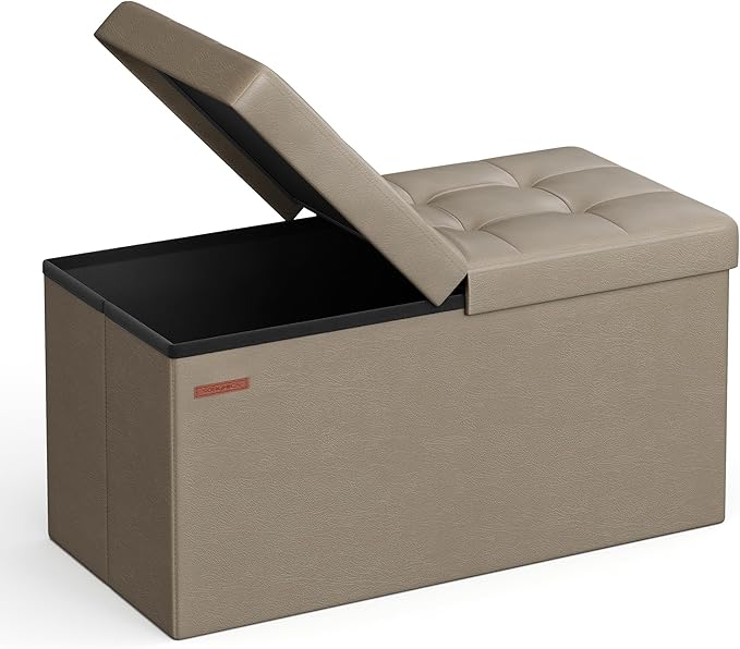 SONGMICS MAZIE Collection - 30 Inches Storage Ottoman Bench with Flipping Lid, Storage Chest Footstool, Load 660 lb, for Entryway, Living Room, Bedroom, Synthetic Leather, Camel Brown ULSF045K03