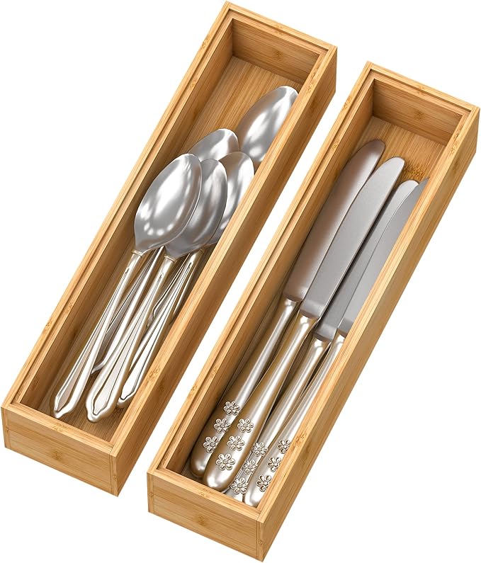 Bamboo Kitchen Drawer Organizer, Stackable Silverware Tray Utensil Organizer Cutlery Holder for Kitchen,Wooden Storage Box for Bathroom, Multi-Use Storage Bins Dividers for Office(12x3x2.5 inch）