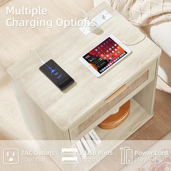 LEYAOYAO Rattan Nightstand with Charging Station, 23" Wide Boho Night Stand with Drawer, Grey White Bedside Table Open Storage Cabinet, Bed Side End Tables Dresser for Bedroom, Living Room, Hallway