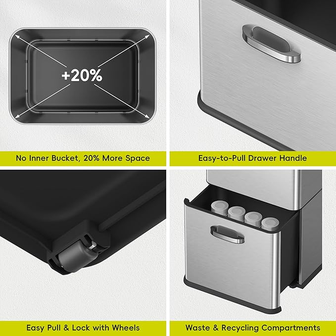 EKO Vintage 50L / 13.2 Gallon Motion Sensor Trash Can, Dual Compartment 32L + 18L Stainless Steel Kitchen Garbage Bin, Touchless Automatic Waste & Recycling Bin with Lid for Home or Office