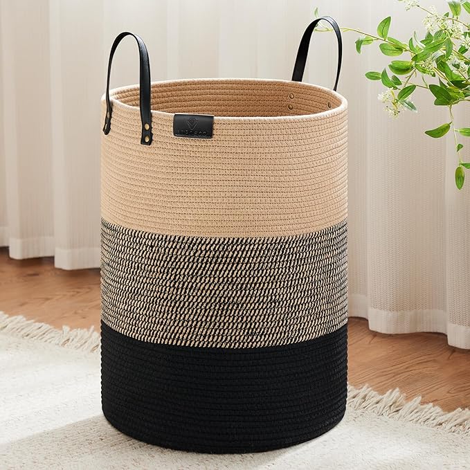 VIPOSCO Tall Laundry Basket, Large Dirty Clothes Hamper with Leather Handle, Woven Rope Storage Basket for Blanket, Toy In Living Room, Bathroom, Bedroom - 100L Brown & Black