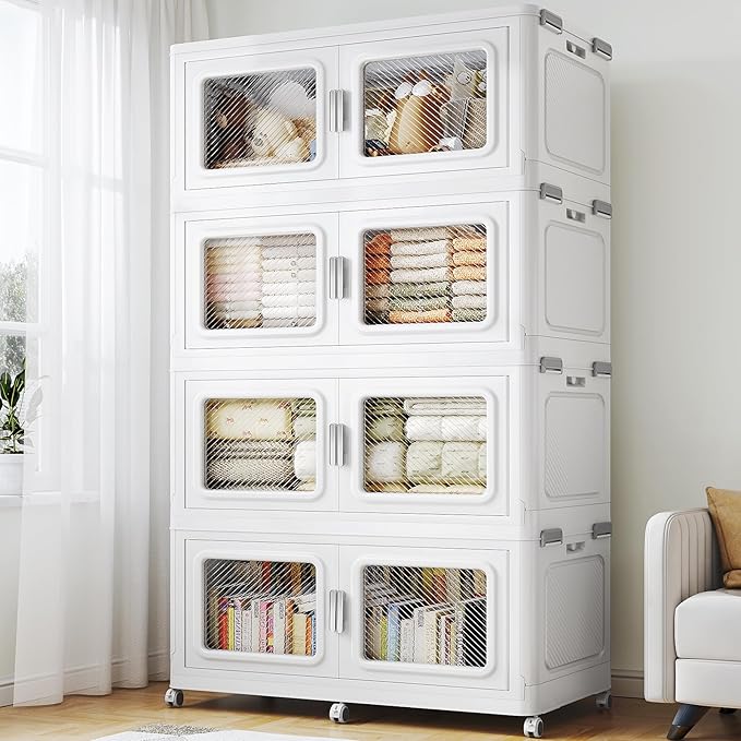 BROVIEW 880 Qt Stackable Storage Bin with Lids, 220Gal Extra Large Collapsible Storage Boxes, Folding Plastic Drawer, Heavy-Duty Store Cabinet, Closet Organizer for Home Kitchen, 4 Pack White