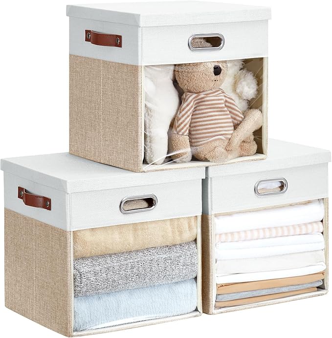 Fabric Storage Cubes with Clear Windows and Lids, 13'' Foldable Storage Bins with 3 Handles, Decorative Storage Boxes for Home, Bedroom, Closet, Office (Beige & White)