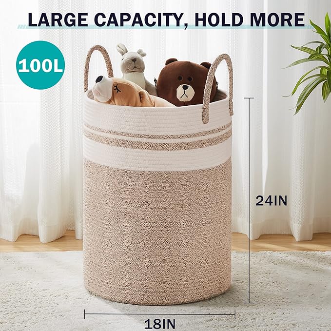 YOUDENOVA Woven Rope Laundry Hamper Basket, 100L Tall Laundry Basket, Baby Nursery Hamper for Blanket Storage, Clothes Hamper for Laundry in Bedroom-Extra Large-Brown