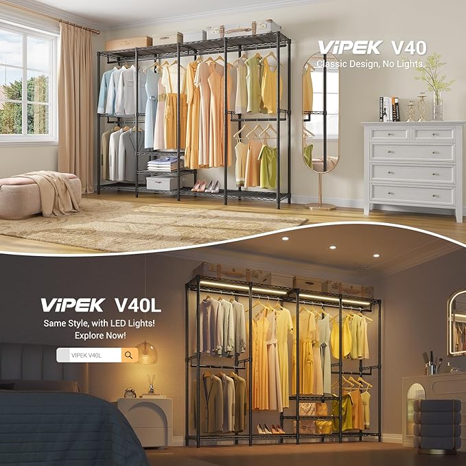 VIPEK V40 Wire Garment Rack Heavy Duty Clothes Rack for Hanging Clothes, Multi-Functional Bedroom Clothing Rack Freestanding Closet Wardrobe Rack, Max Load 1110lbs, Black