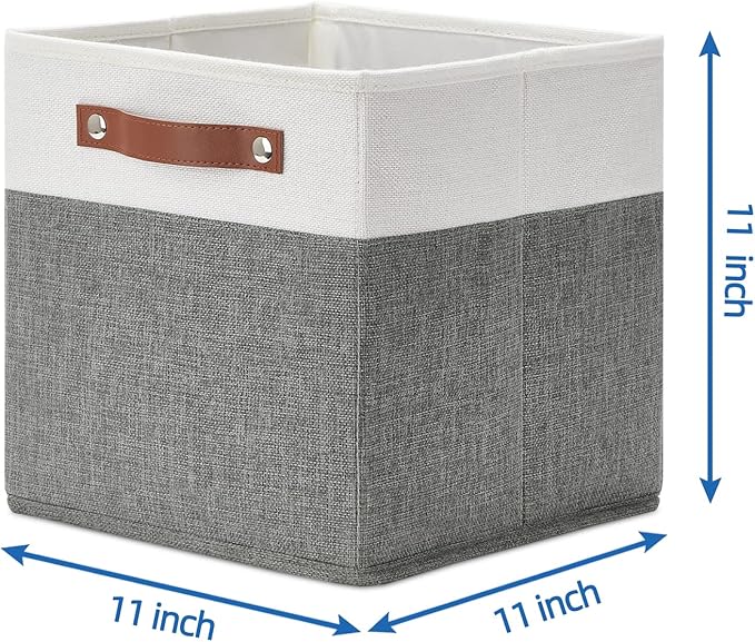 Temary Cube Storage Bins 4 Pack Storage Cubes 11×11 Fabric Storage Bins Foldable Cube Storage Baskets with Handles, Collapsible Storage Basket for Shelf (White & Grey, 11 x 11 x 11)