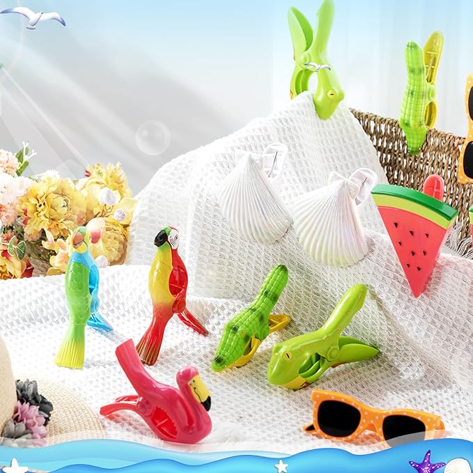 Rtteri 16 Pcs Beach Towel Clips for Beach Chairs Cute Towel Holder Cruise Clothes Pins for Lounge Chair Patio Pool, Assorted Style(Cute)