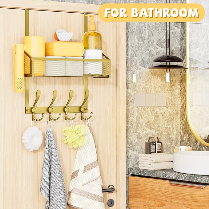 Over The Door Hooks Organizer, Coat Rack Over The Door Storage Hanger Towel Rack, Back of Storage Organizer for Bathroom,Bedroom,Kitchen,Office(Gold 2-Tier)