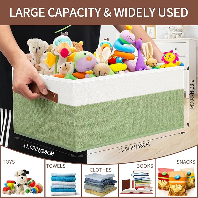 3 Pack Large Capacity Storage Bins Closet Organizer for Shelves, Fabric Closet Storage Baskets Boxes with Leather Handles for Organizing Clothes, Sheets, Jeans, Toys, Books (Green)