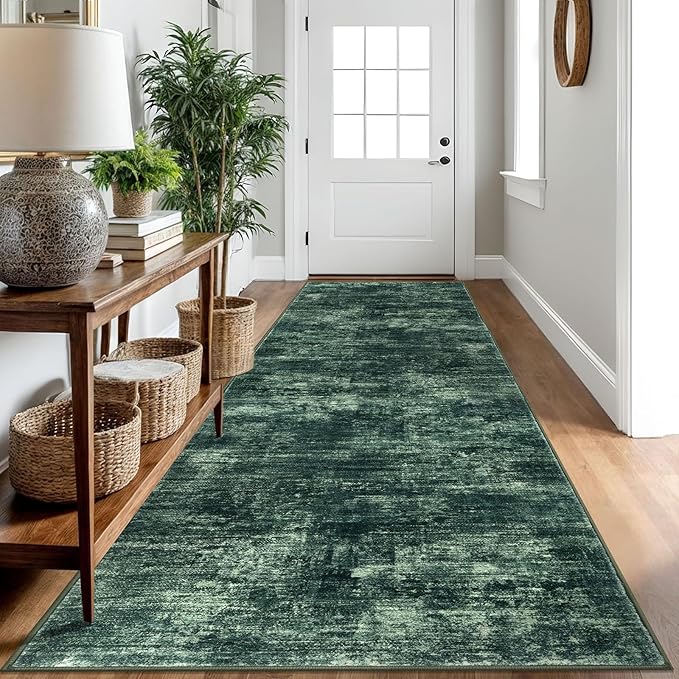IOHOUZE Abstract Runner Rug 3x10 Ft Washable Runners for Hallways, Non Slip Kitchen Runner Printed Faux Wool Entryway Runner Indoor, Modern Abstract Floor Carpet for Hall Bedroom, Dark Green