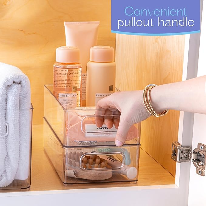 Plastic Food Storage 4 Pack Clear Container Bin with Handles for Organizing Kitchen, Pantry, Refrigerator, Freezer, Pantry, Cabinet, Closet, Bathroom. Stackable 10”x6”x3”