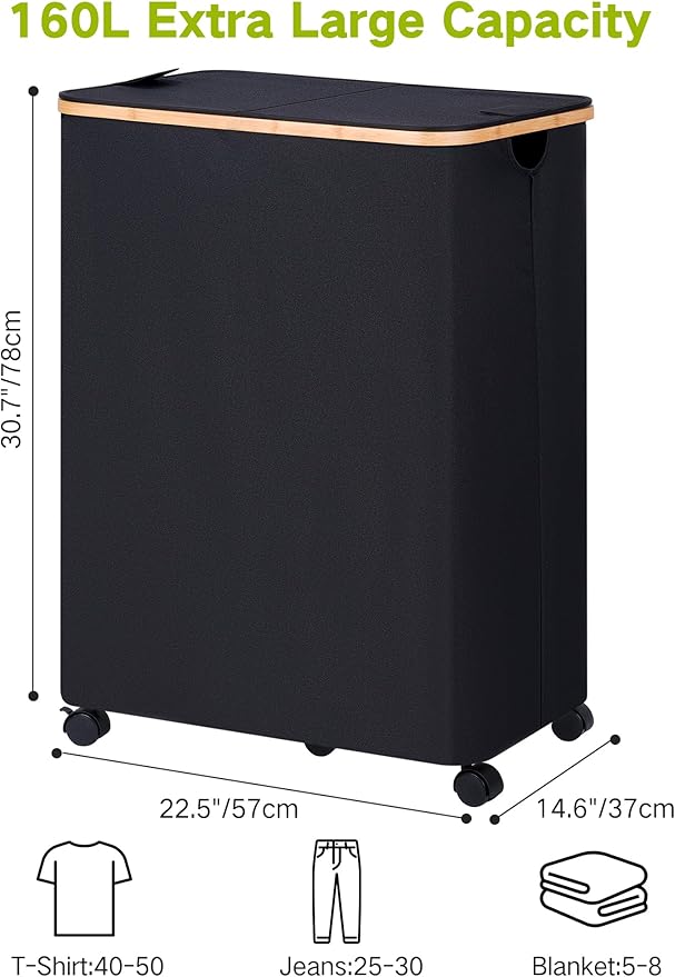 efluky Double Laundry Hamper with Wheels, Divided Laundry Hamper with Removable Bags, 2 Section Dirty Clothes Basket with Handles for Bathroom, Bedroom & Laundry Room, 160L Dark Black
