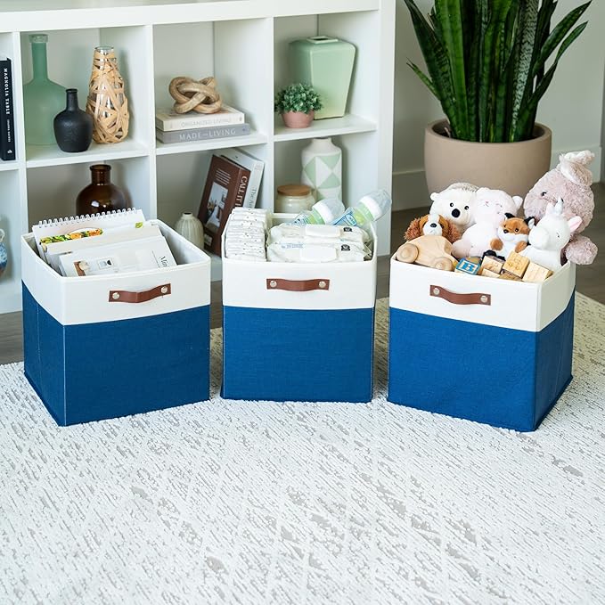 OrganiHaus 13x13 Cube Fabric Storage Bins Set of 4, Fabric Storage Cubes w/ Vegan Handles, 13 inch Collapsible Bins for Clothes & Toy Organizer, Cubbies Organizer, 13x13 Basket for Decor - Navy Blue