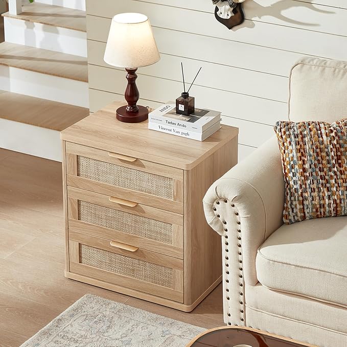 LEYAOYAO Rattan Night Stand Set of 2 with Drawers, 23" Large 3 Drawer Boho Nightstand, Natural Wood Bedside Table Storage Cabinet, Bed Side End Tables Dresser for Bedroom, Living Room, Hallway, Closet