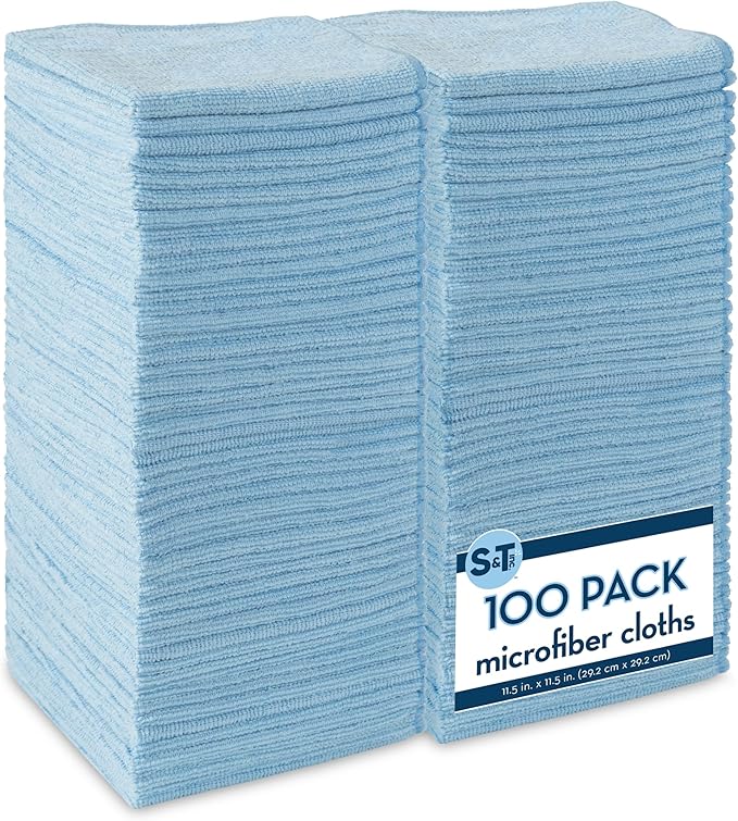 S&T INC. 100 Pack Microfiber Cleaning Cloth, Bulk Towels for Home, Reusable Microfiber Towels for Cars, Cleaning Rags, Light Blue, 11.5 Inches x 11.5 Inches, 100 Count