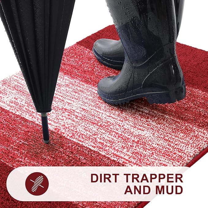 Kitinjoy Indoor Outdoor Door Mat, 48x32 Non-Slip Absorbent Dirt Trapper, Low-Profile Washable Inside Entrance Front Floor Mat, Sturdy Soft Entry Doormats for Entryway, Burgundy