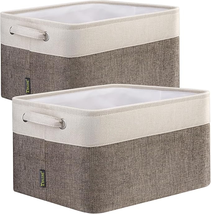 BALEINE 2 Pack Fabric Storage Bins for Shelves, Linen Storage Baskets for Organizing, Decorative Closet Bins for Clothes, Home (Brown, 12"x8"x8")