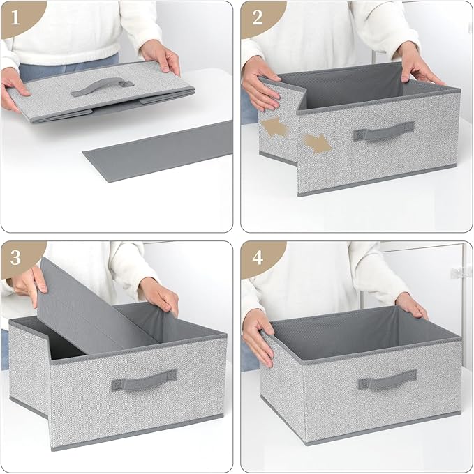 Storage Baskets, 15.7 Inch Woven Fabric Bins, Storage Cubes with Reinforced Handles, Organizer Bins for Closet Shelves, Foldable, for Toys, Clothes, Natural Beige (4PCS/Grey-15.7*11*7.8inch)