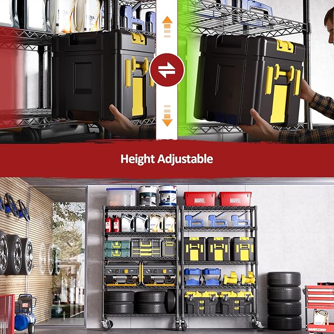 IZEUK 5-Tier Adjustable Heavy Duty Steel Wire Shelving Unit with Wheels, Storage Rack Organizer for Garage, Kitchen, Office, Laundry, Basement (Black, 17.7" D x 47.2" W x 76.7" H, 1750 lbs Capacity)