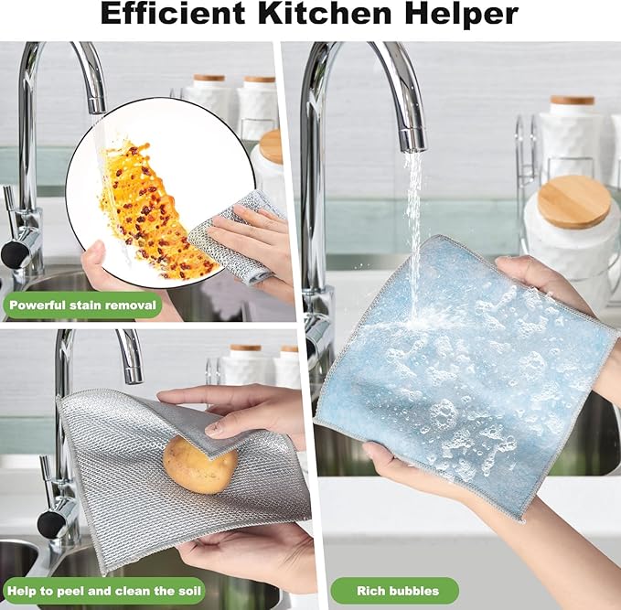 10pcs Non Scratch Wire Dishcloth Multipurpose Wire Dishwashing Rag for Wet and Dry,Metal Scrubbers for Cleaning Dishes,Dual-Sided Kitchen Cleaning Cloth with Mesh,Cleaning Tool for Pot, Blue