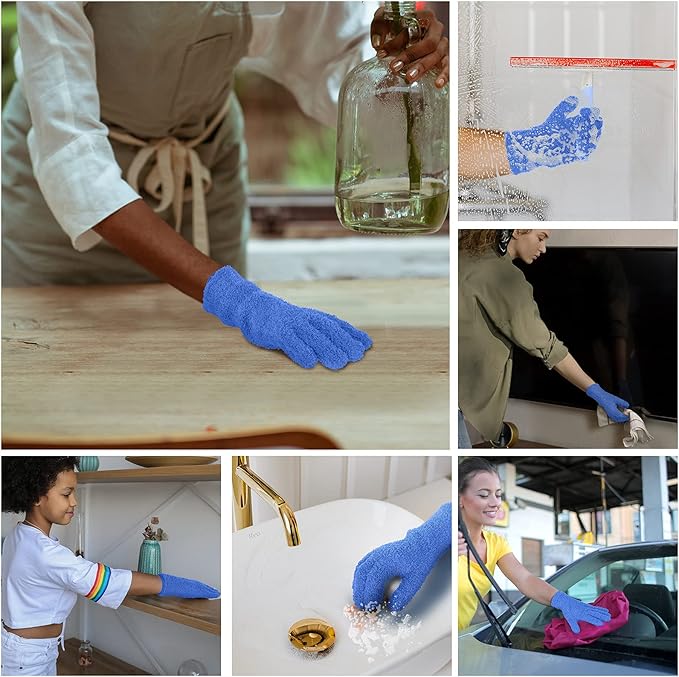 Patelai Microfiber Gloves for Plants Dusting Cleaning Glove Mittens, Navy Blue, 4 Count