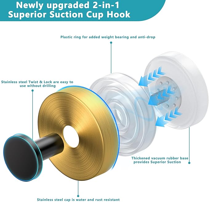 Suction Cup Hooks for Shower,Wreath Hanger for Front Door,Removable No Drill Towel Loofah Hooks,Upgraded 15 lbs Strong Suction for Bathroom,Wall,Glass,Stainless Waterproof-Black Gold 4 Pcs