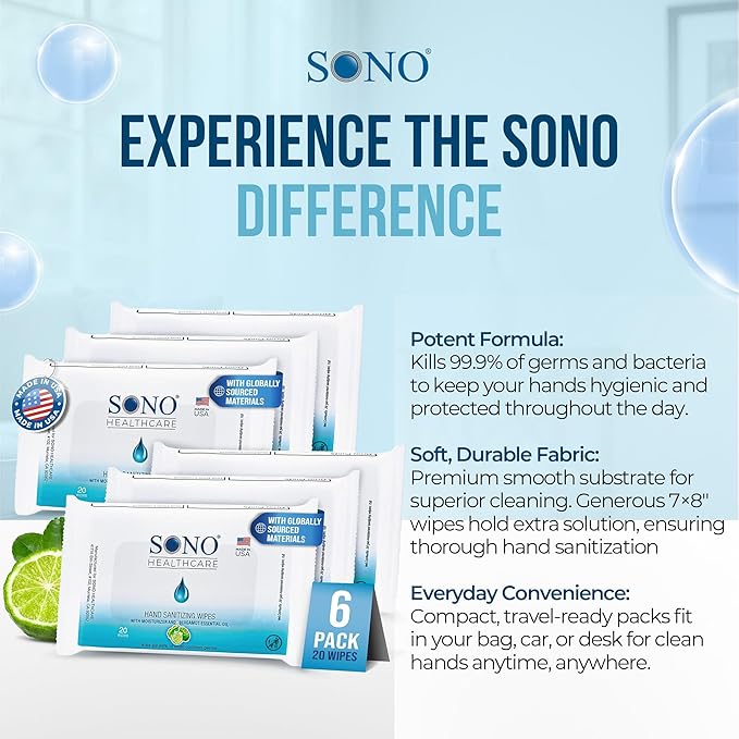SONO Alcohol-Free Sanitizing Hand Wipes with Bergamot & Aloe Essential Oil - Hospital-Grade Disinfectant - Individually Wrapped Travel Size - 6 Packs of 20 - Gentle Cleaning & Germ Protection Anywhere