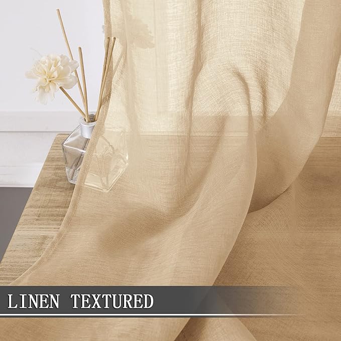 Tollpiz Short Sheer Curtain Living Room Linen Textured Curtains Sheer Light Filtering Voile Rod Pocket Curtain for Bedroom, 38 x 54 inches Long, Beige, Set of 2 Panels