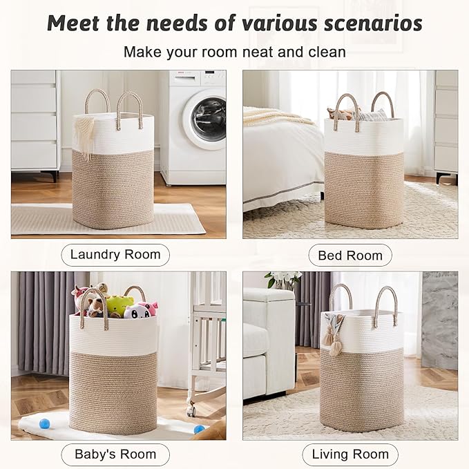 Laundry Basket,Woven Cotton Rope Laundry Hamper,Versatile Storage for Dirty Clothes,Baby Toys,and Blankets in Bathroom, Nursery,and Living Room (Brown, 40L)