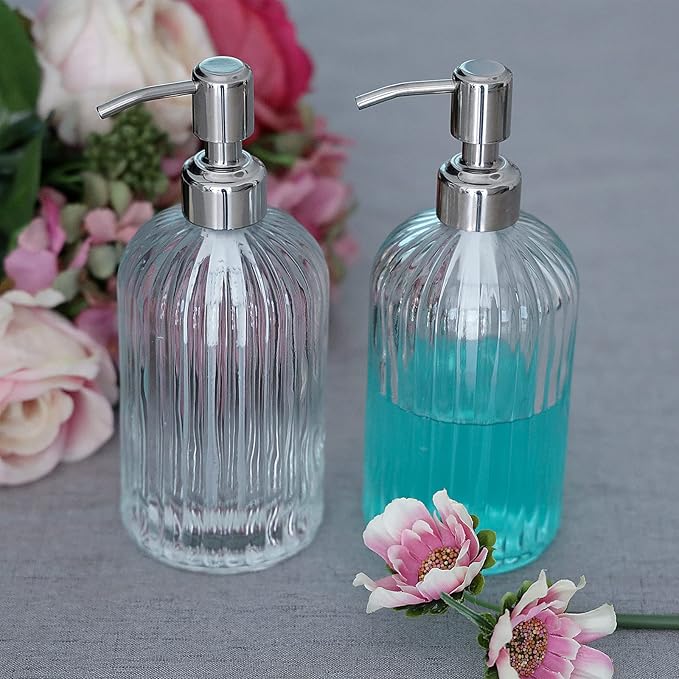 Clear Glass Soap Dispenser 18 oz, 2 Pack Hand Dish Soap Dispensers Bathroom with Stainless Steel Pump, Refillable Kitchen Liquid Decorative Bottles for Hand Sanitizer, Lotion