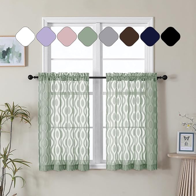 Aiyufeng Green Sheer Curtains Tiers 36 Inch Length 2 Panels Set, Airy Lightweight Clip Jacquard Short Kitchen Window Curtains, Modern Wavy Line Textured Voile Sheer Curtain Panles, 40" Wx36 L Inches