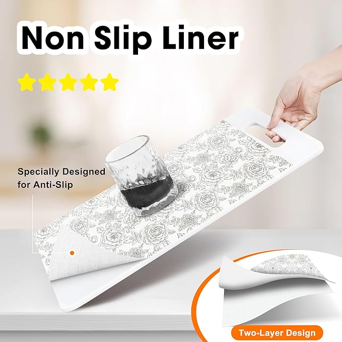 Drawer and Shelf Liner for Kitchen Cabinets Non-Adhesive, Non-Slip Cabinet Liner Shelf Paper Strong Grip Waterproof Easy to Clean for Kitchen Shelves Cupboard, Flower,17.5IN X 30FT