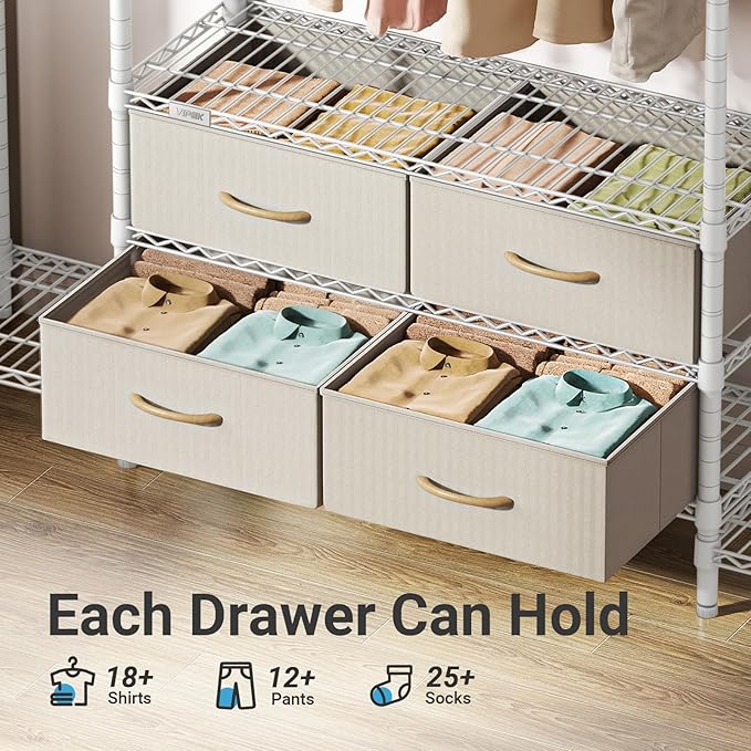 VIPEK V20 Wire Garment Rack Heavy Duty Clothes Rack, Metal Clothing Rack with 6 Shelves, 3 Hang Rods & 4 Fabric Drawers, Compact Freestanding Closet Wardrobe, 56.7" L x 14.6" W x 70.9" H, White