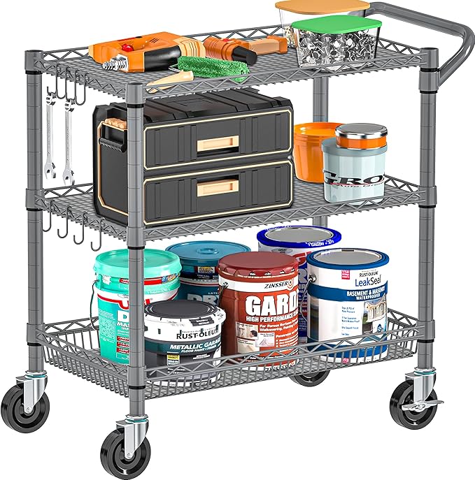 Metal Heavy Duty Carts with Wheels 1050lbs, 3 Tier Rolling Utility Cart with Storage, Steel Wire Carts with Handle Bar&Shelf Liner, Commercial Grade Trolley for Kitchen, Grocery