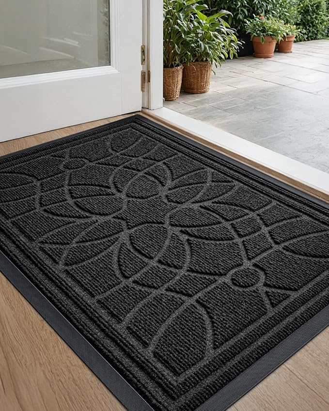 DEXI Front Door Mat Outside Entrance, Heavy Duty Non Slip Low Profile Doormat for Entryway, Trap Dirt and Moisture Welcome Mats, Easy Clean, Patio, Garage, 3x2, Black