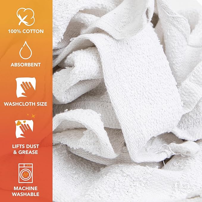 Arkwright W11 Terry Cloth Towels for Cleaning - Soft Cotton Blend Washable Multi-Purpose Bar Mop, Absorbent & Quick Dry, Box of Rags for Kitchen, Auto Shop, and Garage, 5 lb, White