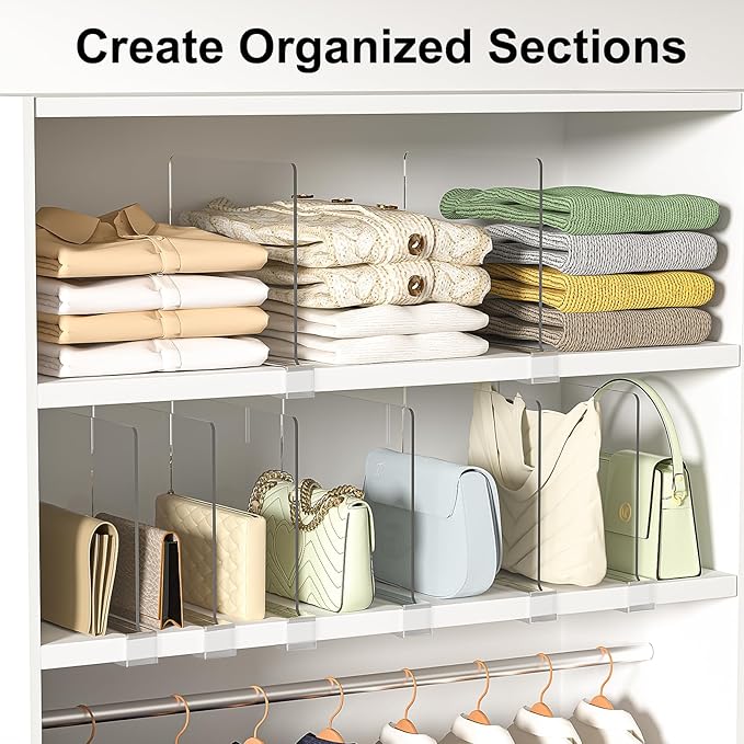 Shelf Dividers Purse Organizer for Closet: 6-Pack Acrylic Bag Storage Organizer for Handbags, Clutches, Clothes, Sweater, Towel on Wood Shelves
