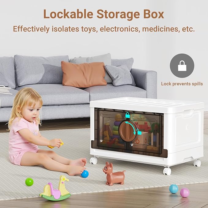 BROVIEW 480Qt Lockable Stackable Storage Bins with Lids, Closet Organizers and Storage Drawer, Collapsible Storage Bin with Wheels, Plastic Cabinet for Toy Clothes Dorm Organizer, V9 4 Pack Brown